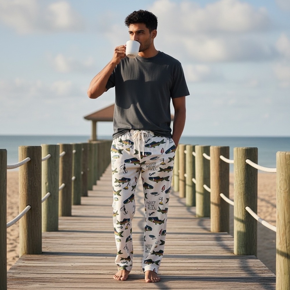 Lazy One Asleep at the‎ Reel Fishing Pajama Pants Mens XS Cream Cotton PP334 NWT